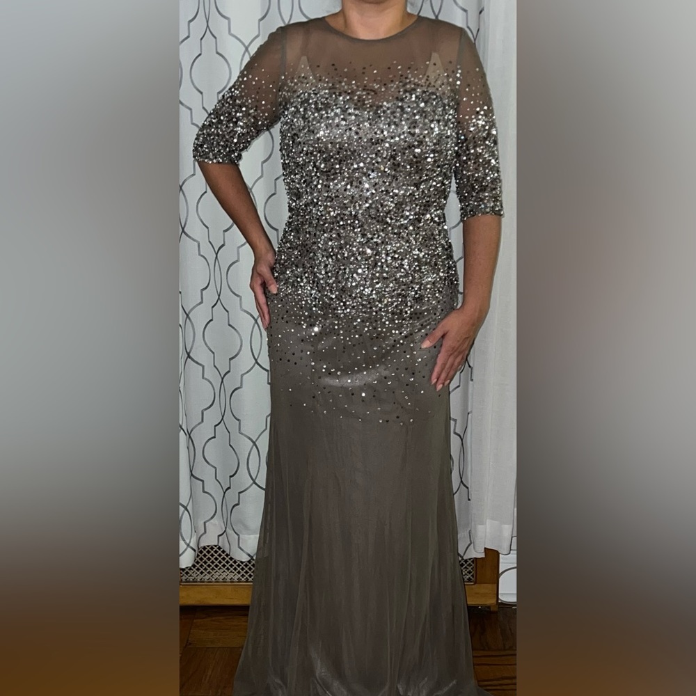 Adrianna Papell Women's 3/4 Sleeve Beaded Illusion Gown Lead 12P